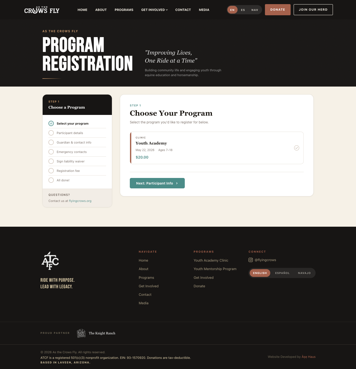 As The Crows Fly program registration — desktop