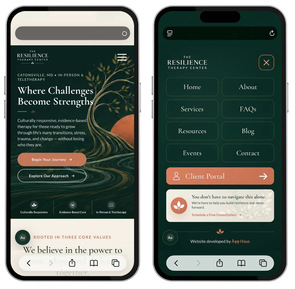 Resilience Therapy Center mobile website experience