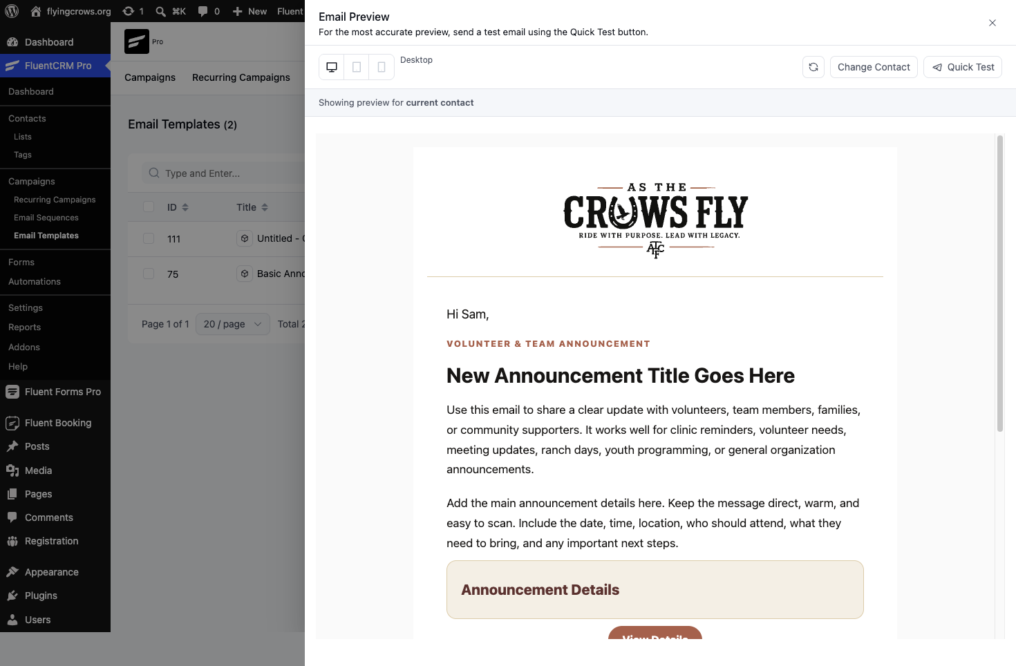 As The Crows Fly — branded announcement email template in FluentCRM