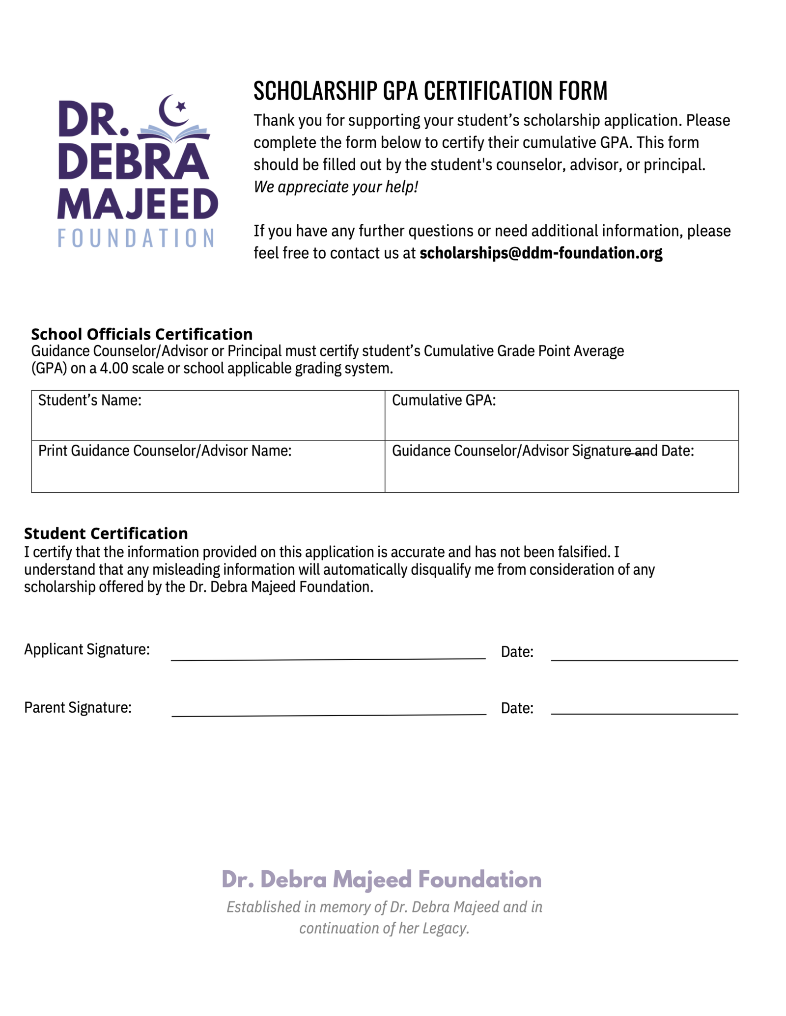 Dr. Debra Majeed Foundation GPA certification form