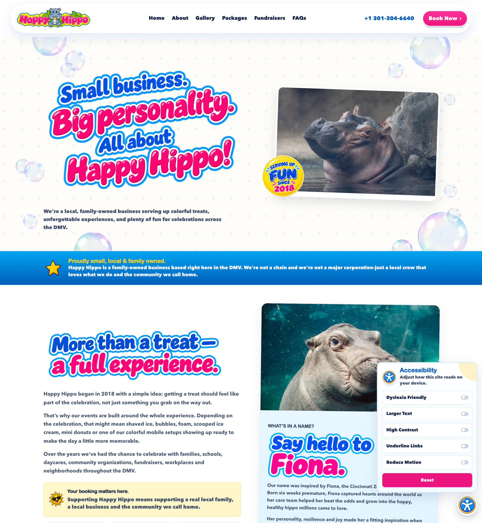 Happy Hippo about page with accessibility features