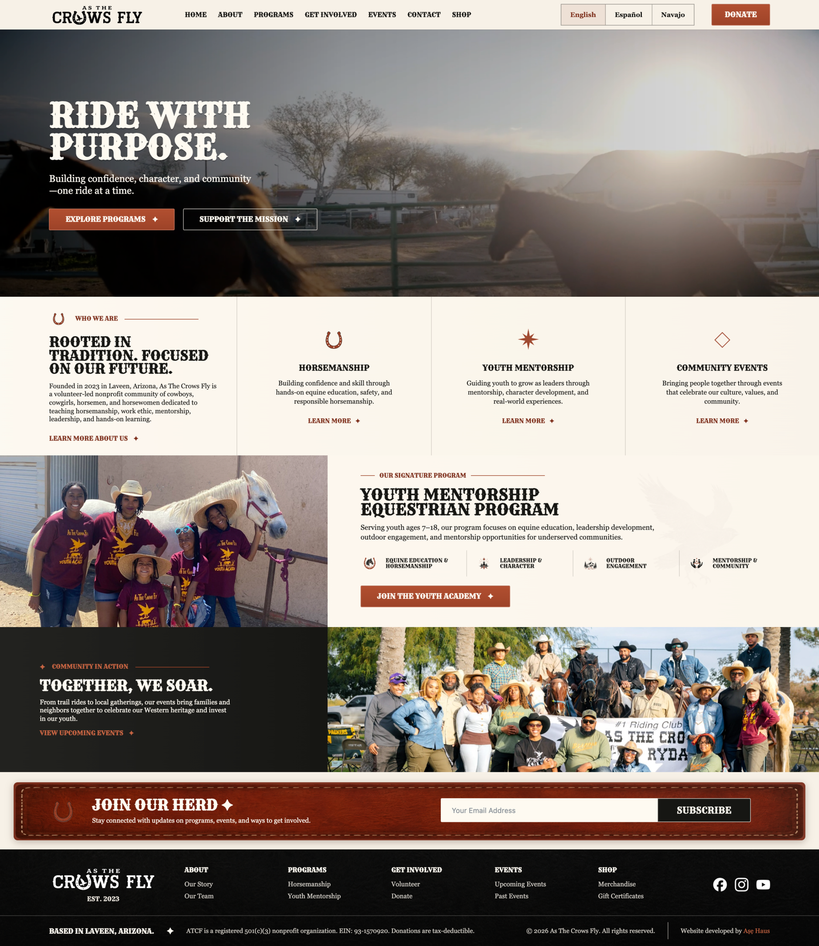 As The Crows Fly homepage shown on a laptop
