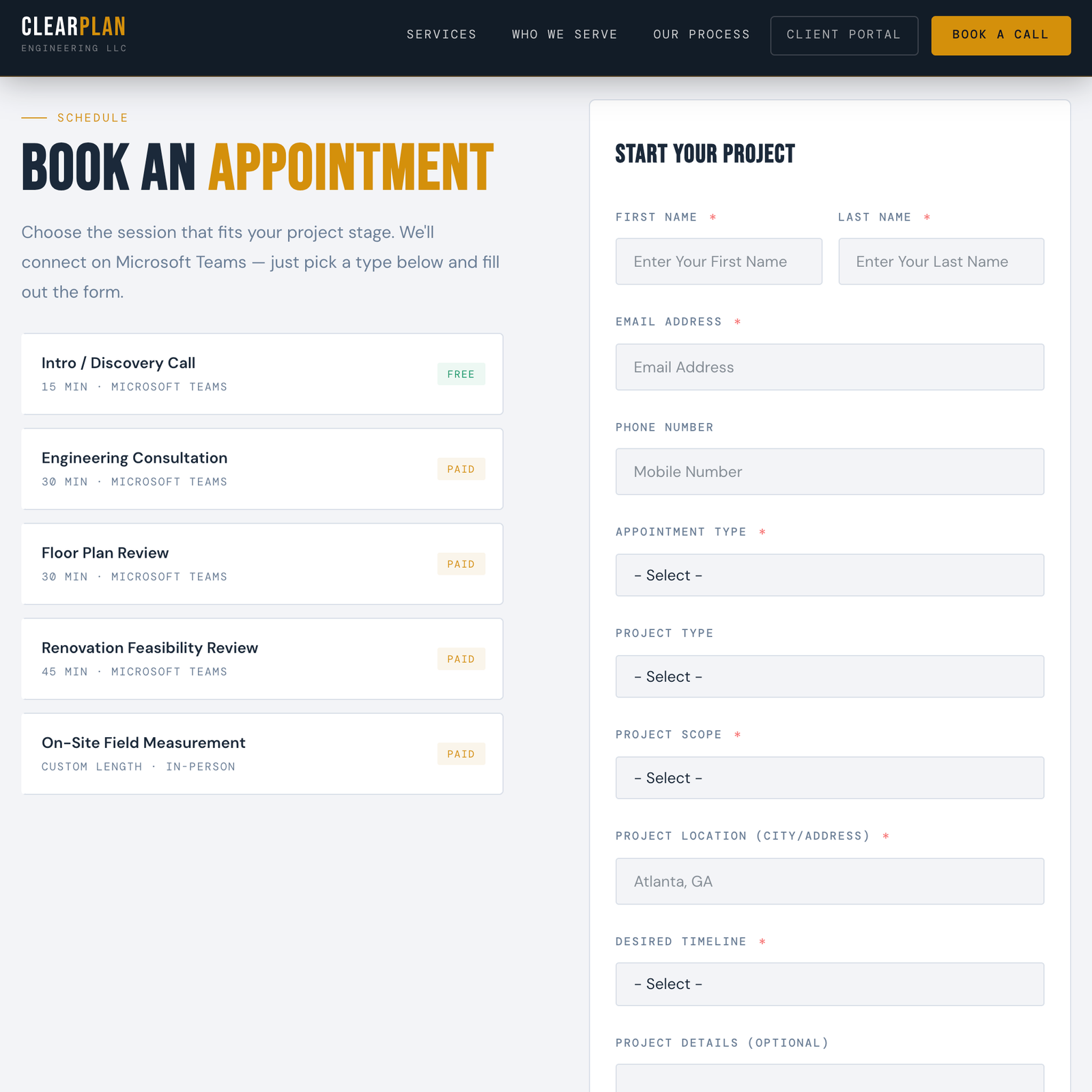 ClearPlan Engineering book an appointment experience