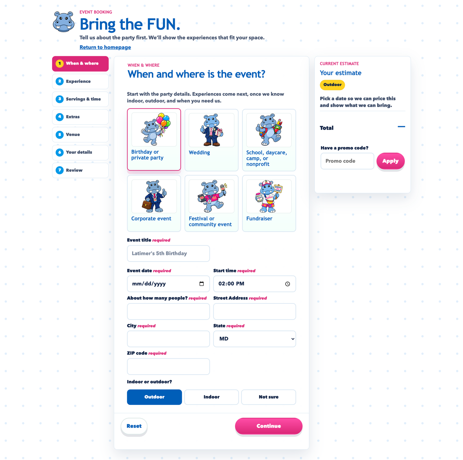 Happy Hippo booking system page