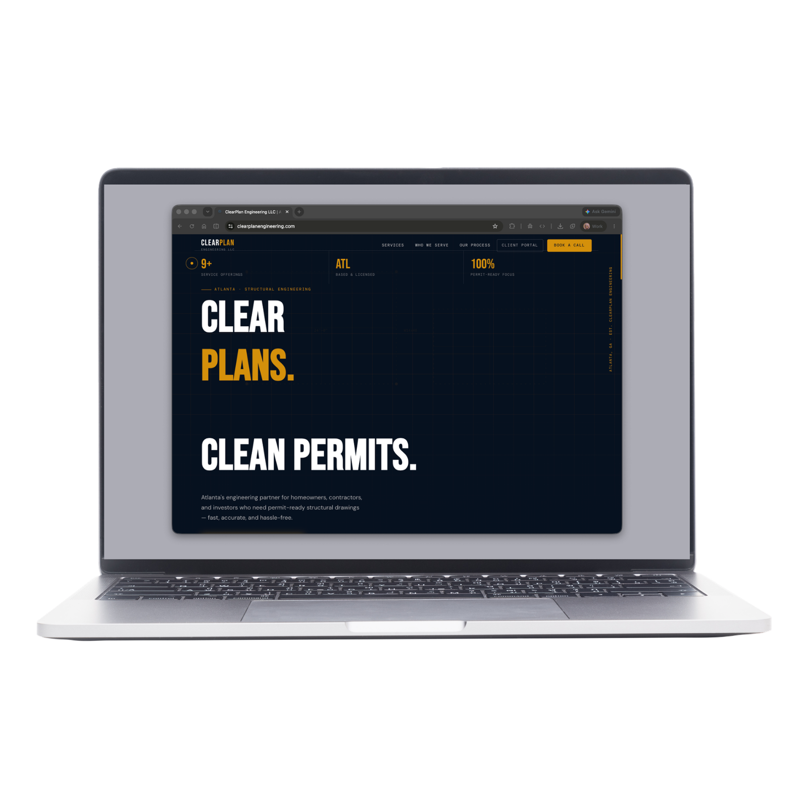 ClearPlan Engineering website homepage on a laptop