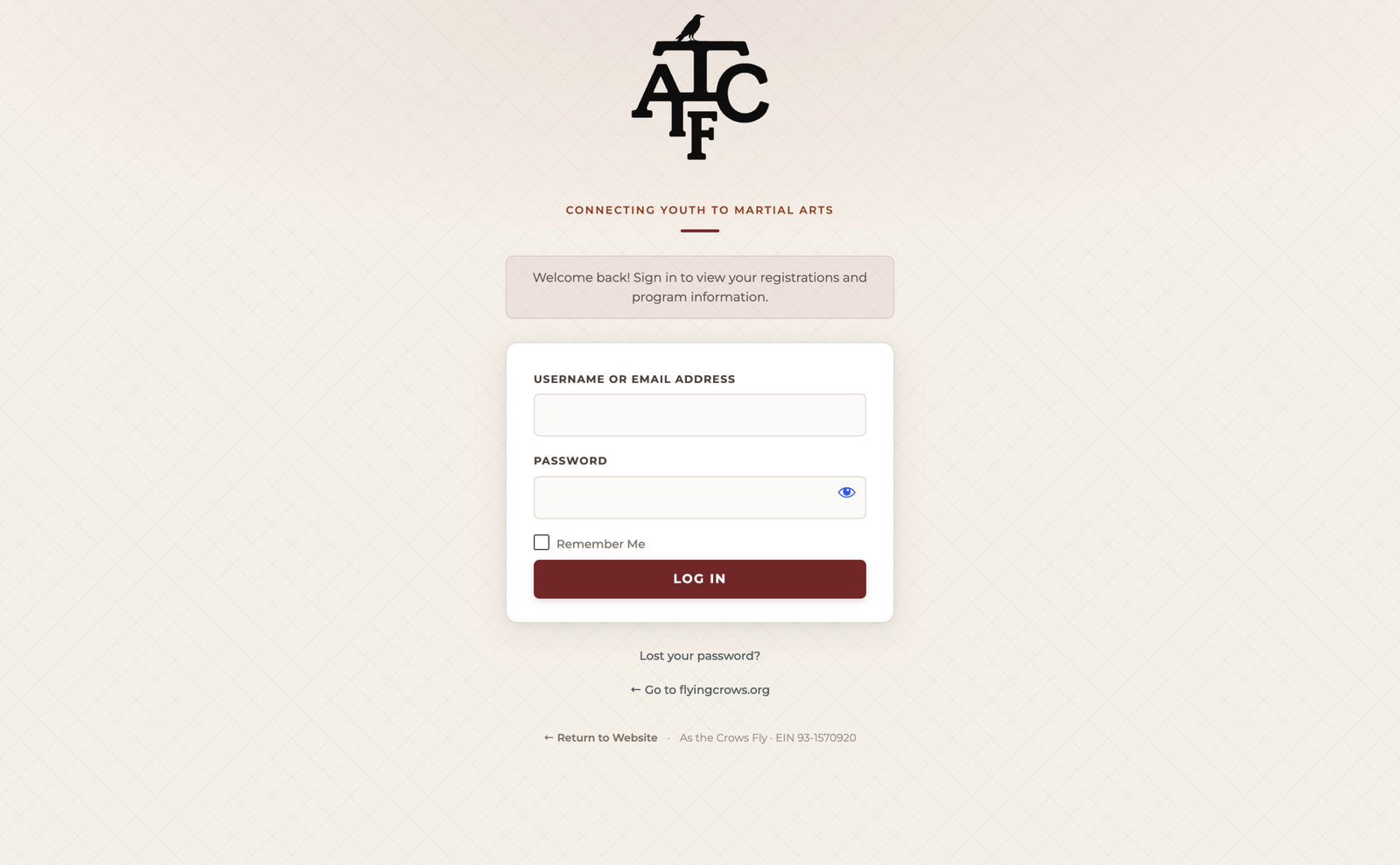 As The Crows Fly custom login page