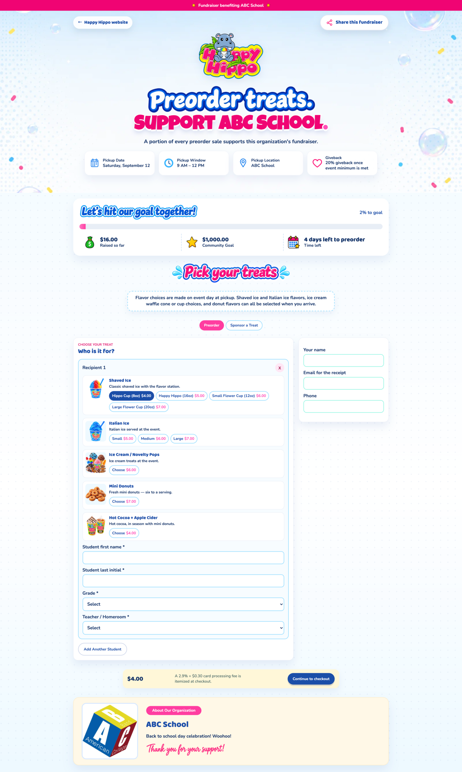 Happy Hippo fundraiser preorder public page