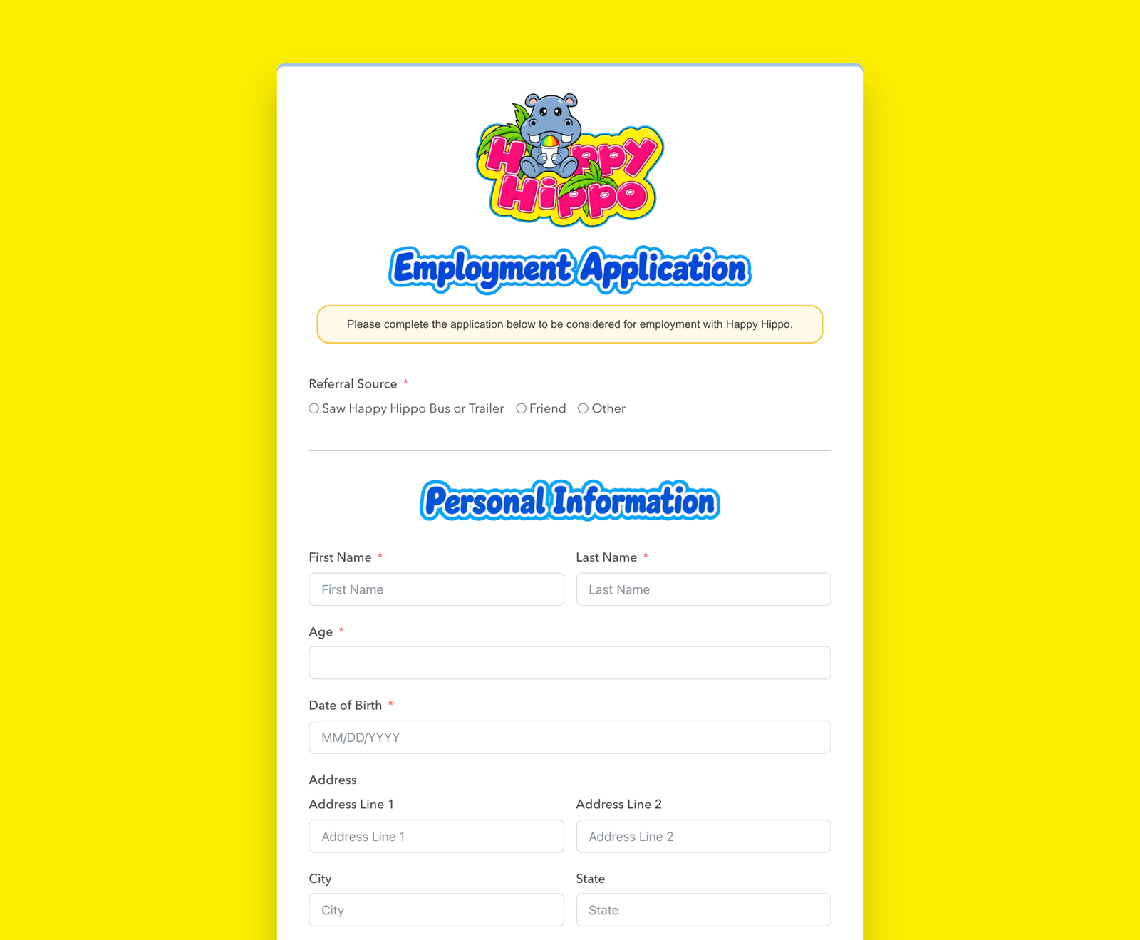 Happy Hippo employment application