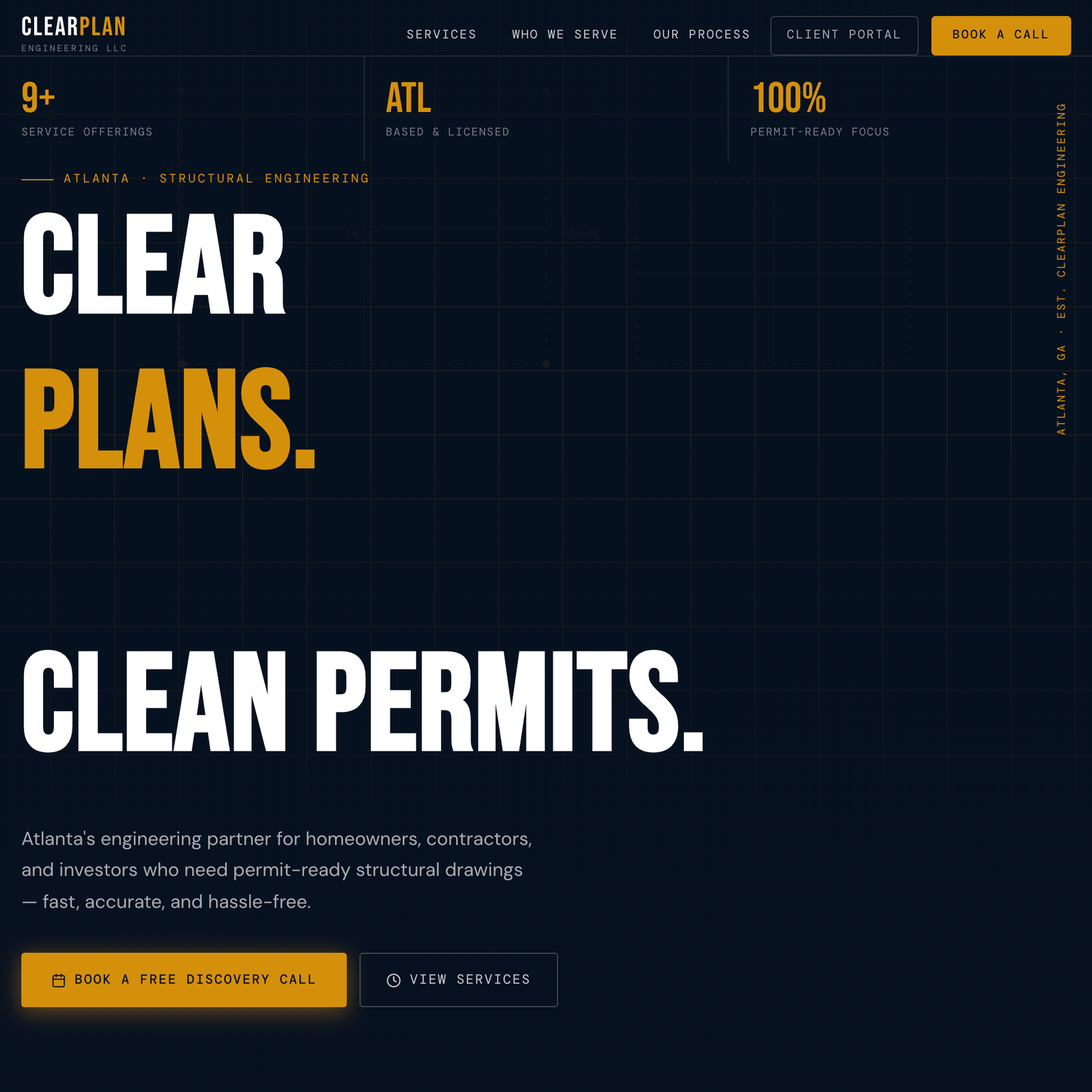 ClearPlan Engineering website homepage shown on a laptop layout