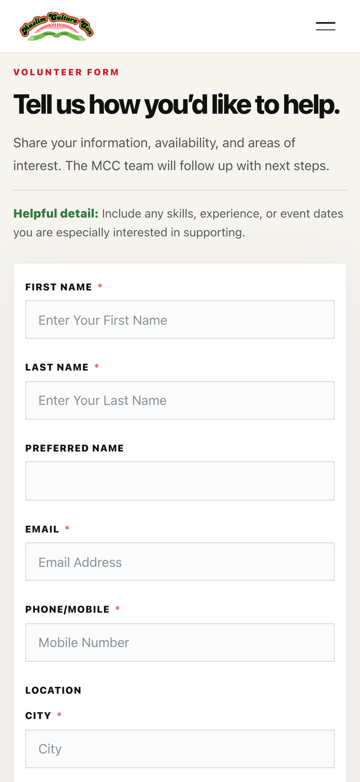 Muslim Culture Con volunteer intake page on mobile