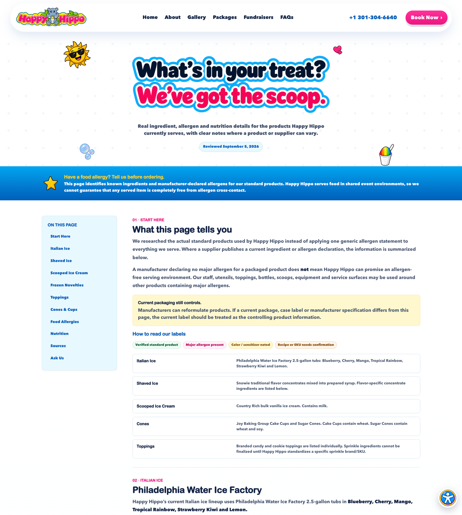 Happy Hippo nutrition and allergen page