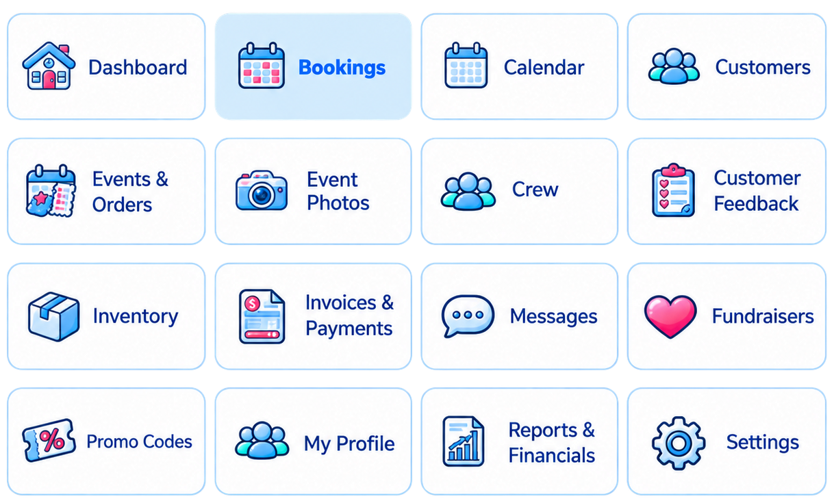 The sixteen sections of the Happy Hippo dashboard, each with its own custom icon
