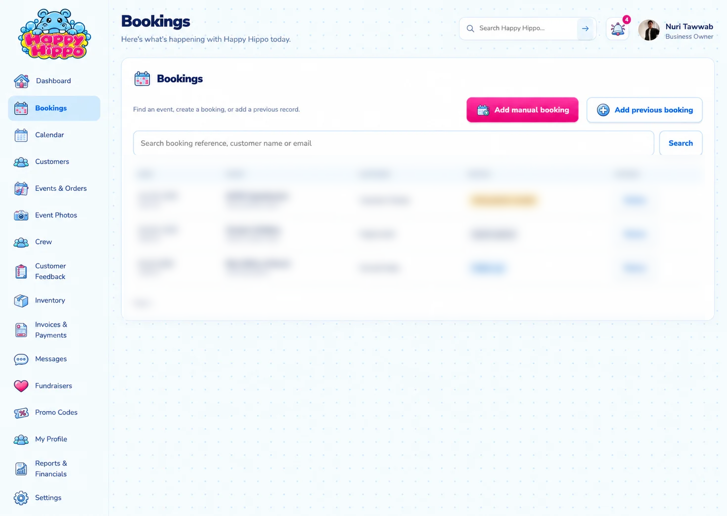 Happy Hippo owner dashboard showing the Bookings page with upcoming events and their status